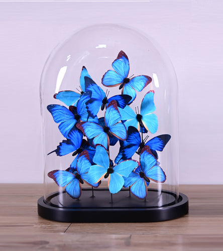 Artificial Blue Butterflies in Glass Oval Dome