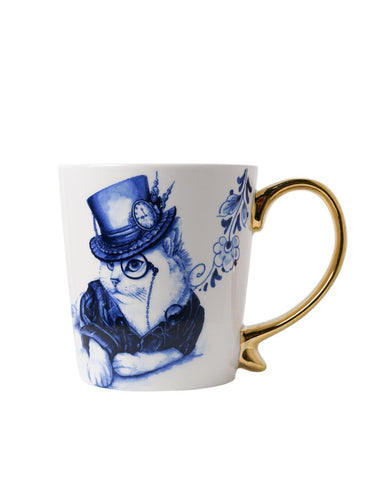 Blue & White Porcelain Mug, Cat in top hat with monocle