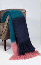 Load image into Gallery viewer, Colour Block Mohair Wool Throw Blanket in indigo, turquoise and pink