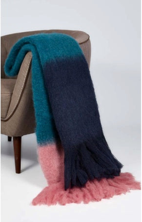 Colour Block Mohair Wool Throw Blanket in indigo, turquoise and pink