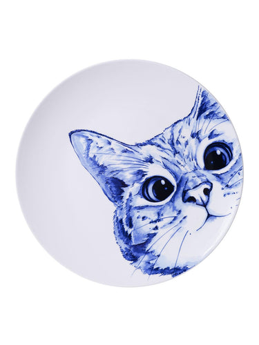 Blue & White Wall Plate with Curious Cat