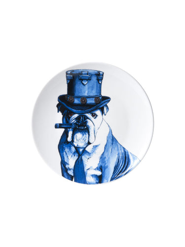 Blue & White Porcelain Wall Plate with Dog that looks like Winston Churchill