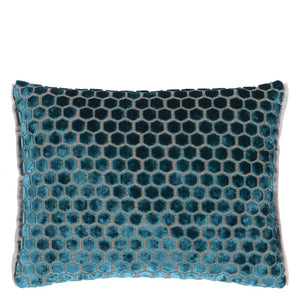 Designers_Guild_Jabot_Kingfisher_Velvet_Cushion with hexagon pattern