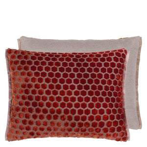 Designers_Guild_Jabot_Pimento_Velvet_Cushion with hexagon pattern