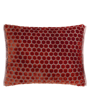 Designers_Guild_Jabot_Pimento_Velvet_Cushion with hexagon pattern