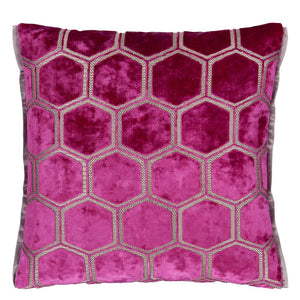 Manipur Fuchsia Velvet Cushion  geometric hexagon patten front, by Designers Guild