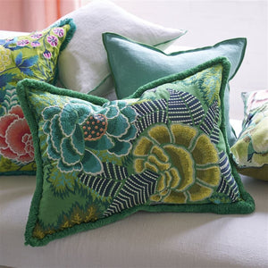 Designers Guild Rose de Damas Embroidered Jade Cushion front up close