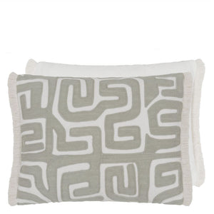 Designers Guild Tokusa Sepia Cushion with graphic geometiric embroidery and fringe