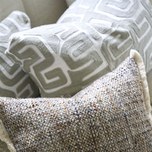 Indlæs billede til gallerivisning Designers Guild Tokusa Sepia Cushion with graphic geometiric embroidery and fringe