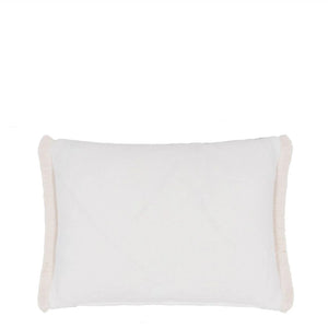 Designers Guild Tokusa Sepia Cushion with graphic geometiric embroidery  on front white linen reverse and fringe