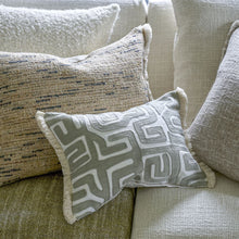 Indlæs billede til gallerivisning Designers Guild Tokusa Sepia Cushion with graphic geometiric embroidery and fringe