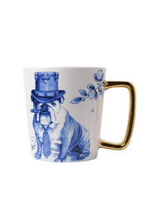 Blue & White Porcelain Winston Churchill looking dog with cigar on mug