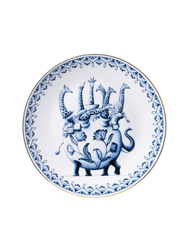 Blue & White Porcelain wall plate with elephant and giraffes