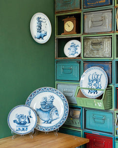 A collection of blue & white porcelain animal themed wall plates