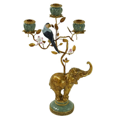 Gold Elephant Candle Holder base with blue parrot and room for three candles, base with turquoise