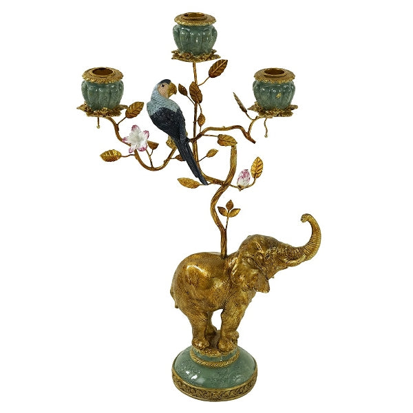 Gold Elephant Candle Holder base with blue parrot and room for three candles, base with turquoise