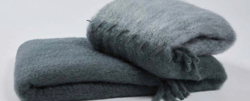 Leather Stitch Light & Dark Grey Mohair Wool Throw Blanket