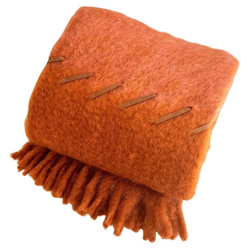 Leather Stitch Terracotta & Brick Red Mohair Wool Throw Blanket